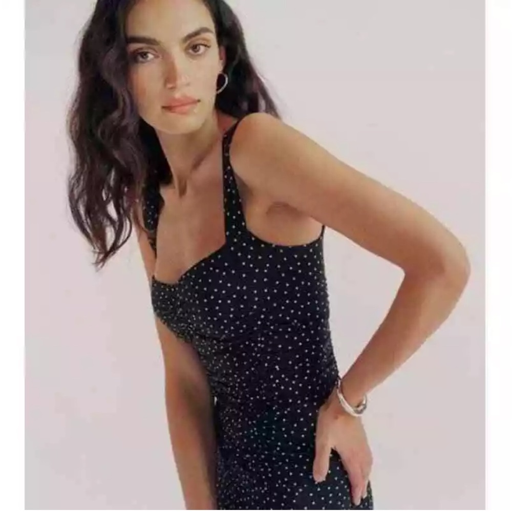 NWT reformation suvipolka dot ruched bodycon dress black midi sleeveless size M